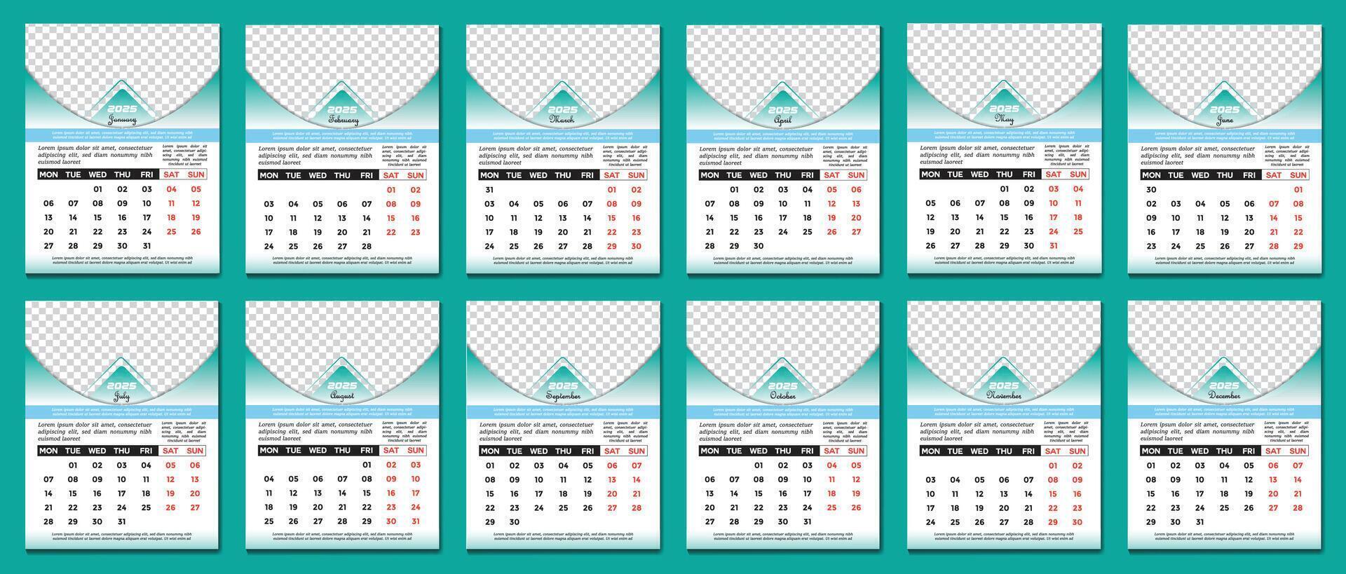 Calendar template for 2025 year. Week Starts on Monday vector