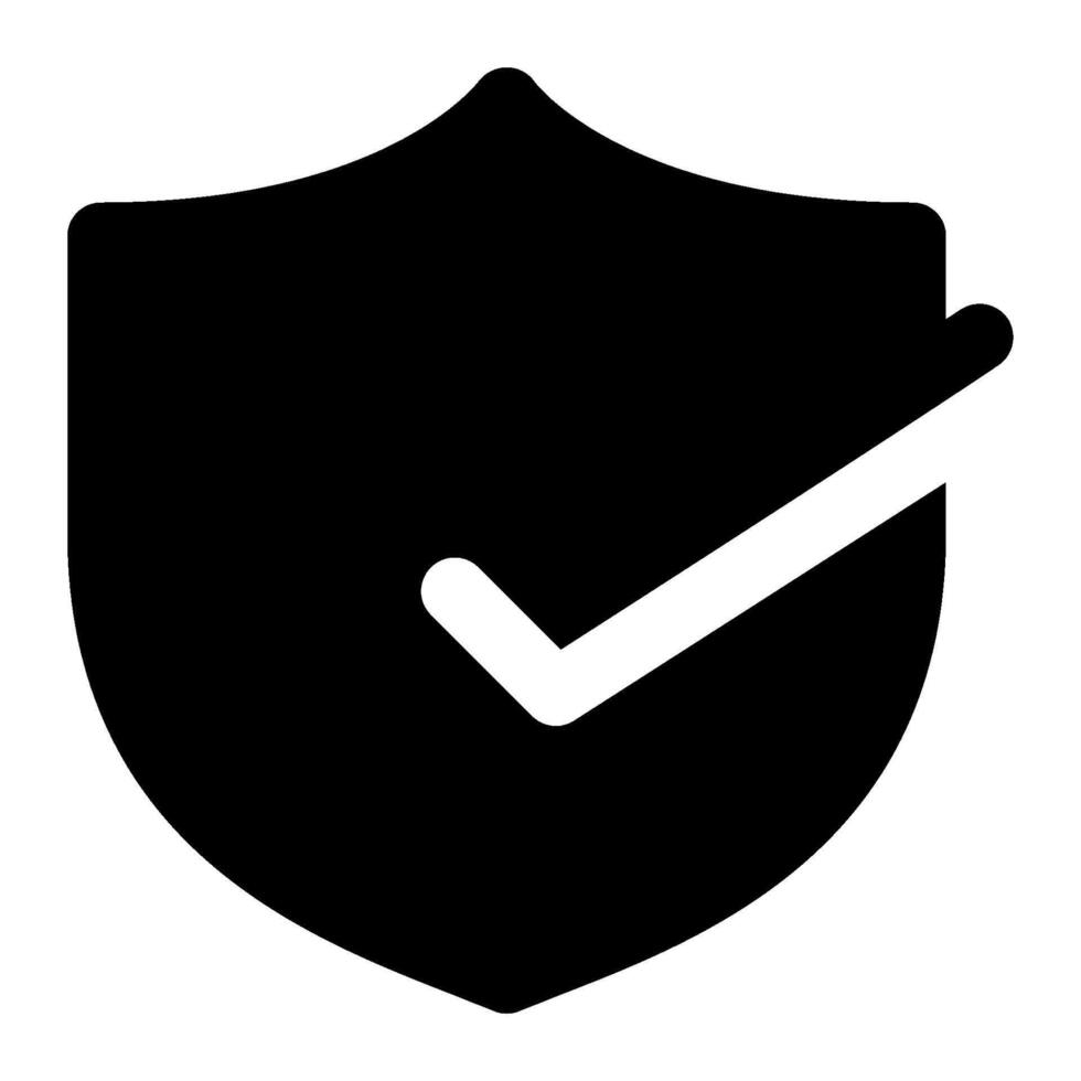 A black and white icon of a shield with a tick vector