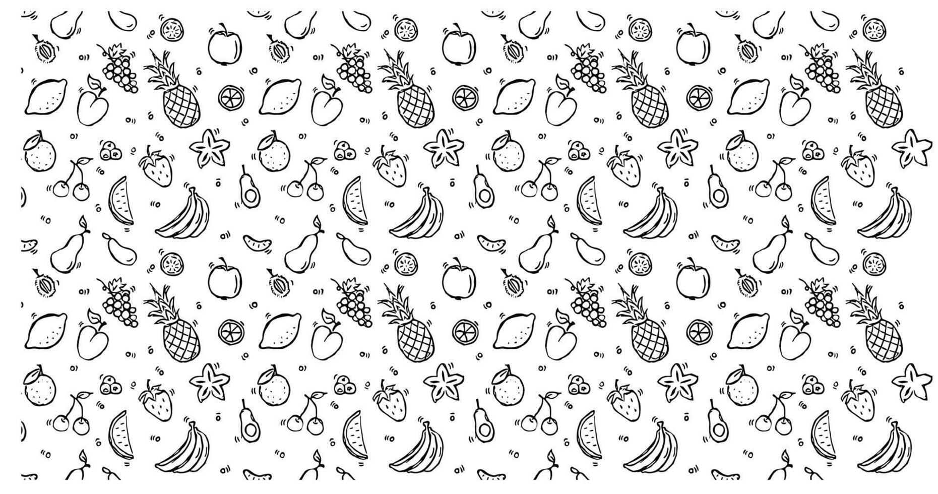 fresh fruits Seamless background pattern of organic farm fruits. Outline thin line style doodle design. Green and white vector
