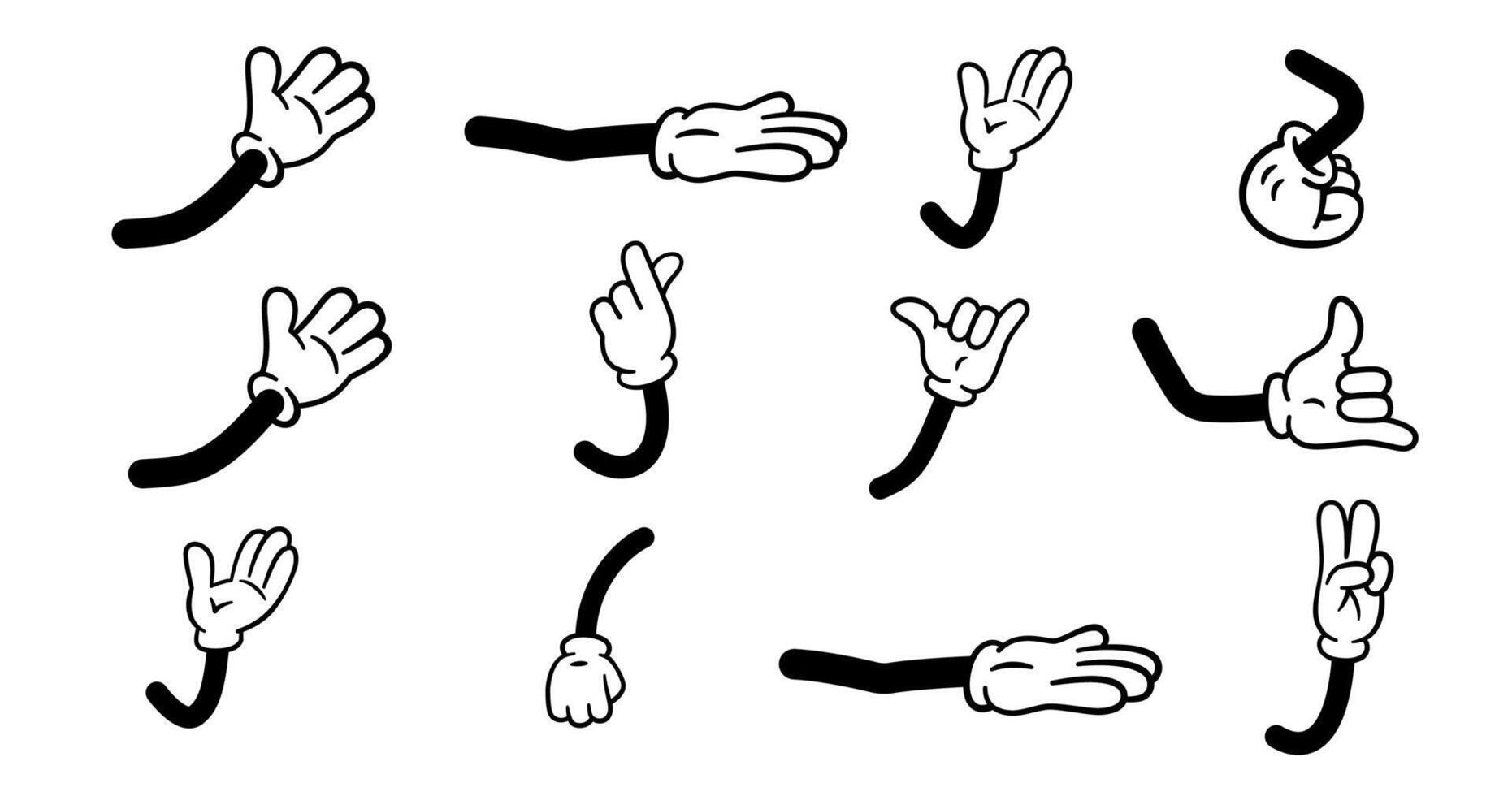 cartoon hands style vintage in white gloves set, retro comic character's limbs collection, design elements. vector