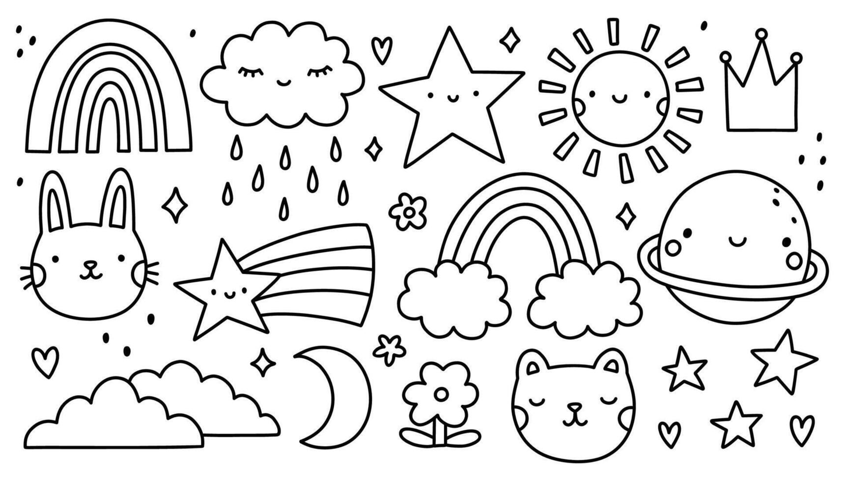 A set of cute children's doodles - rainbow, stars, clouds, sun, animals and other. hand-drawn illustration. Perfect for decorations, print, various designs. vector