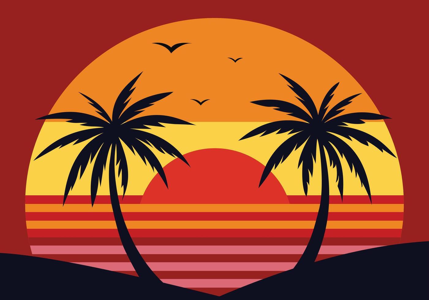 Illustration of sunset with the palms on colorful background vector