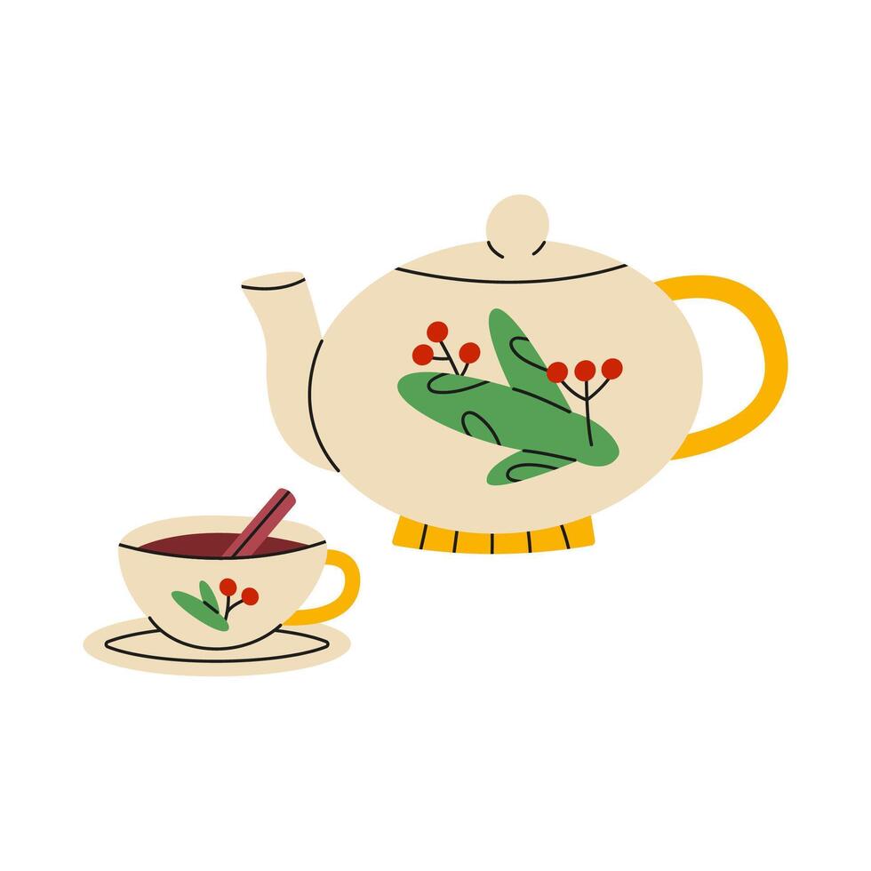 Christmas hot drink. Teapot and mug. Tea with cinnamon. Happy new years beverage. Flat illustration isolated on white background. vector