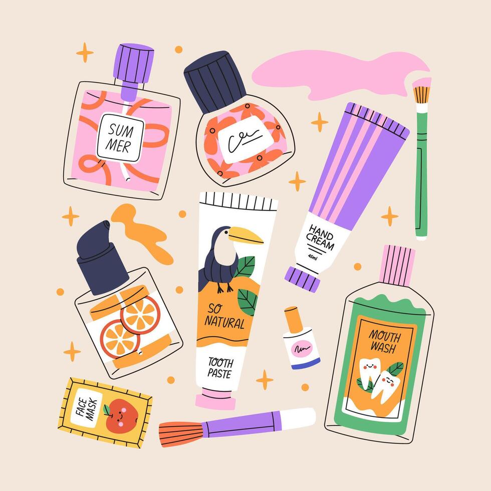 Set of different beauty cosmetic products for body, oral and skin care. Bundle of cosmetics and makeup items in bottles, tubes and jars. Colored flat illustration. vector