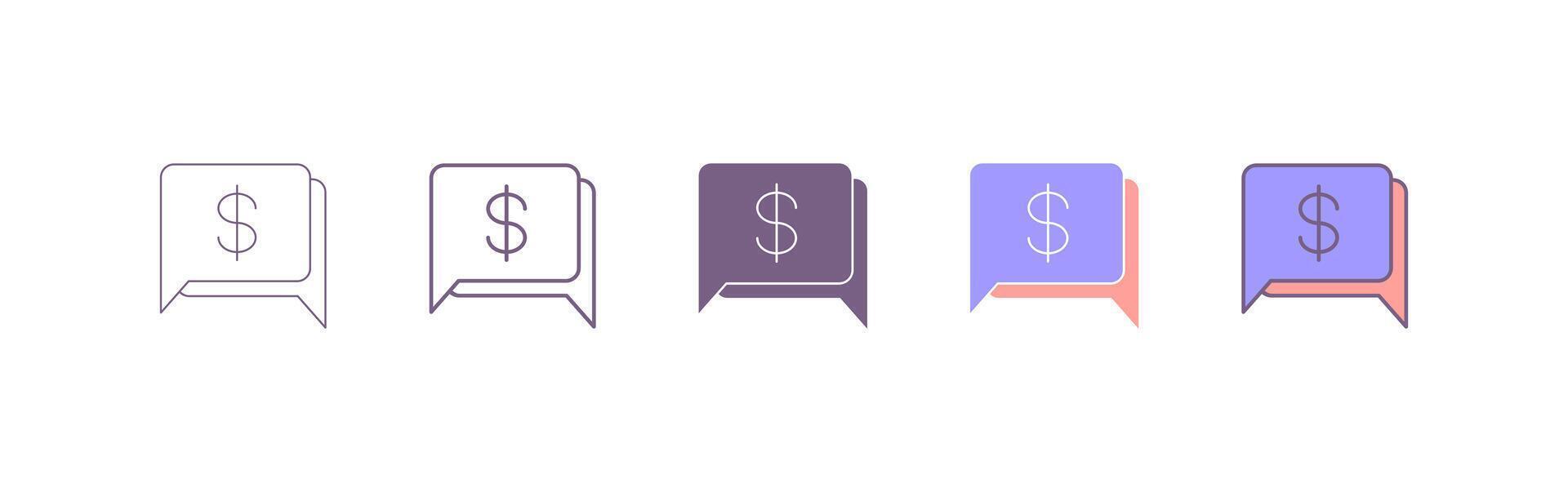 five chat bubble icons with a dollar sign inside each. speech bubble icon. chat icon with five different styles vector