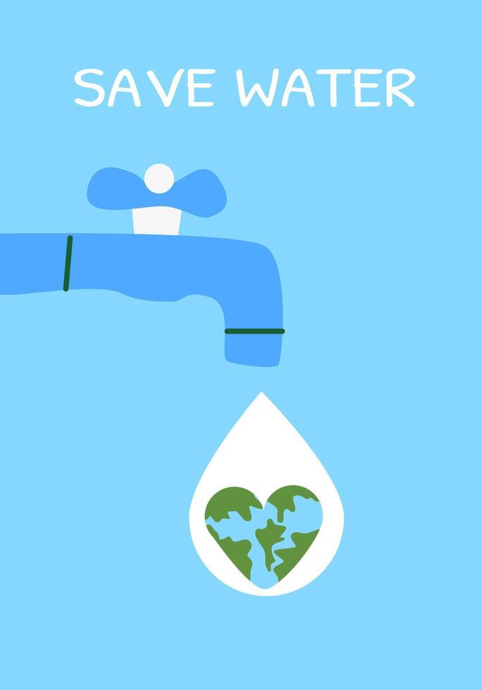 Save water campaign blue faucet with earth heart water drop on light background vector