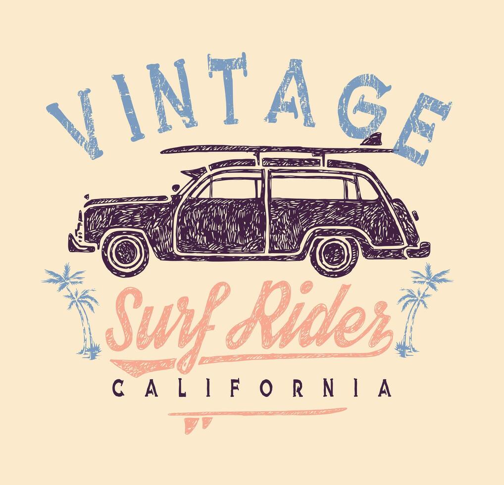 Failed and aged drawing of a surfer's car. vector