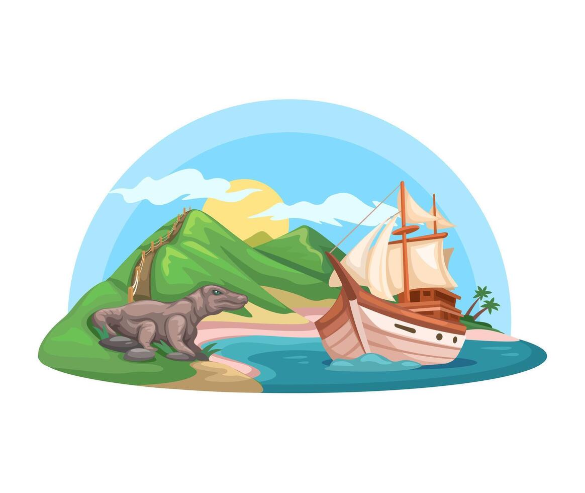 Labuan Bajo Island with Phinisi Yacht and Komodo Cartoon Illustration vector