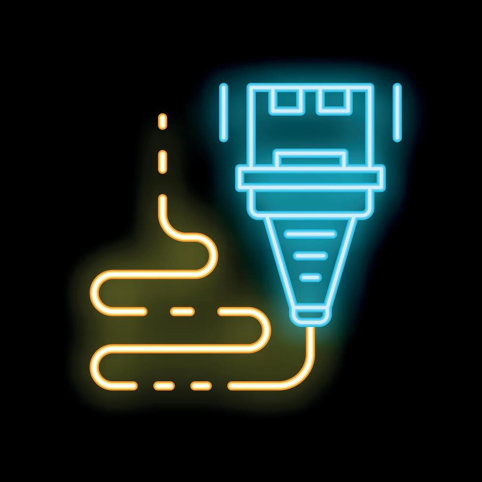 Neon icon of sorting parcel conveyor belt system delivering package into container vector