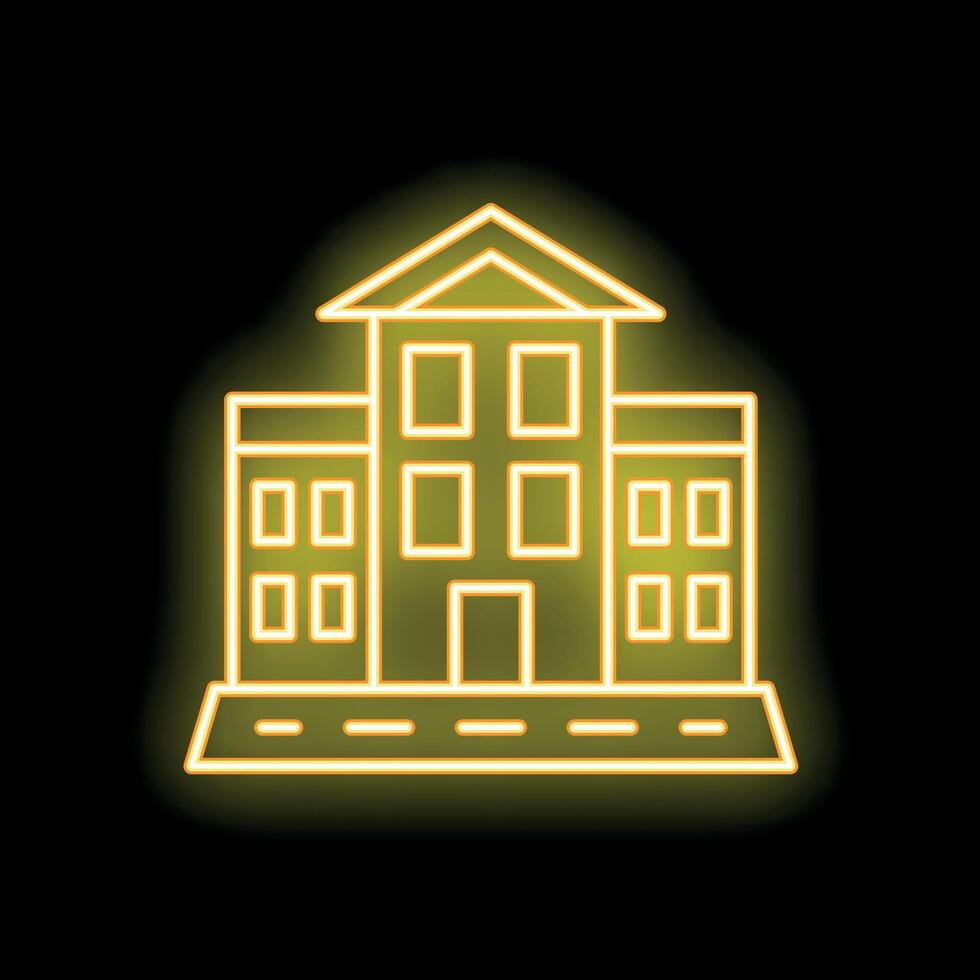 Yellow neon sign showing building with road on black background vector