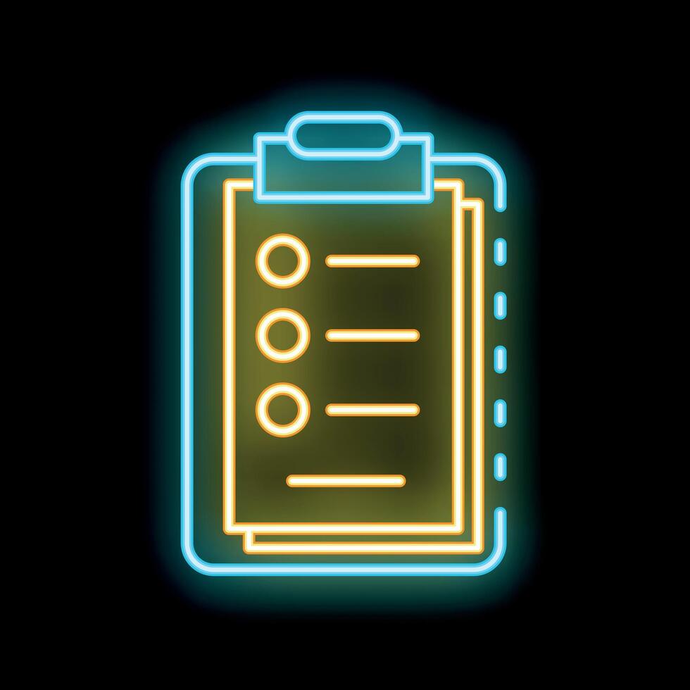 Yellow glowing neon line clipboard with checklist icon isolated on black background vector