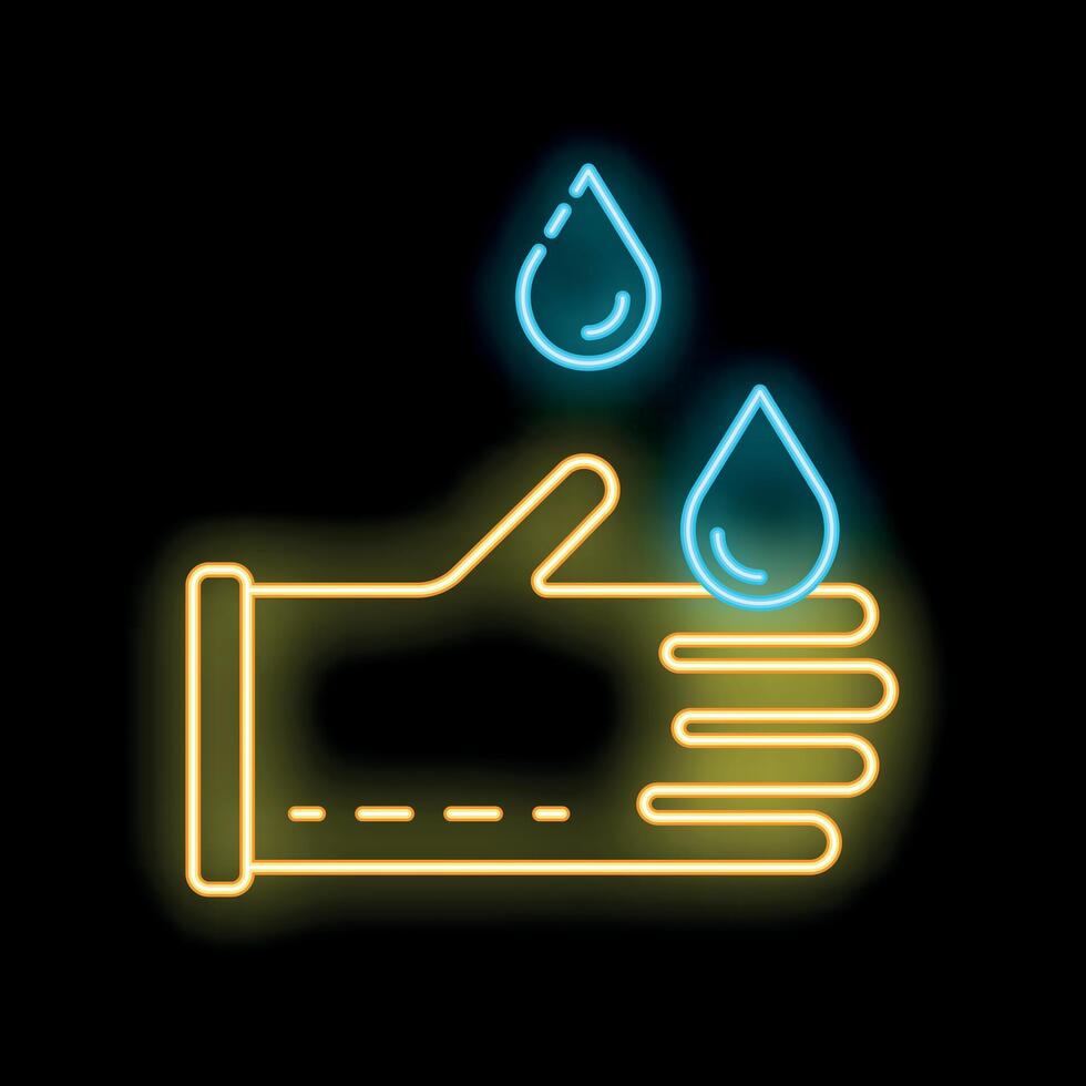 Neon icon of hand wearing protective glove with water droplets vector