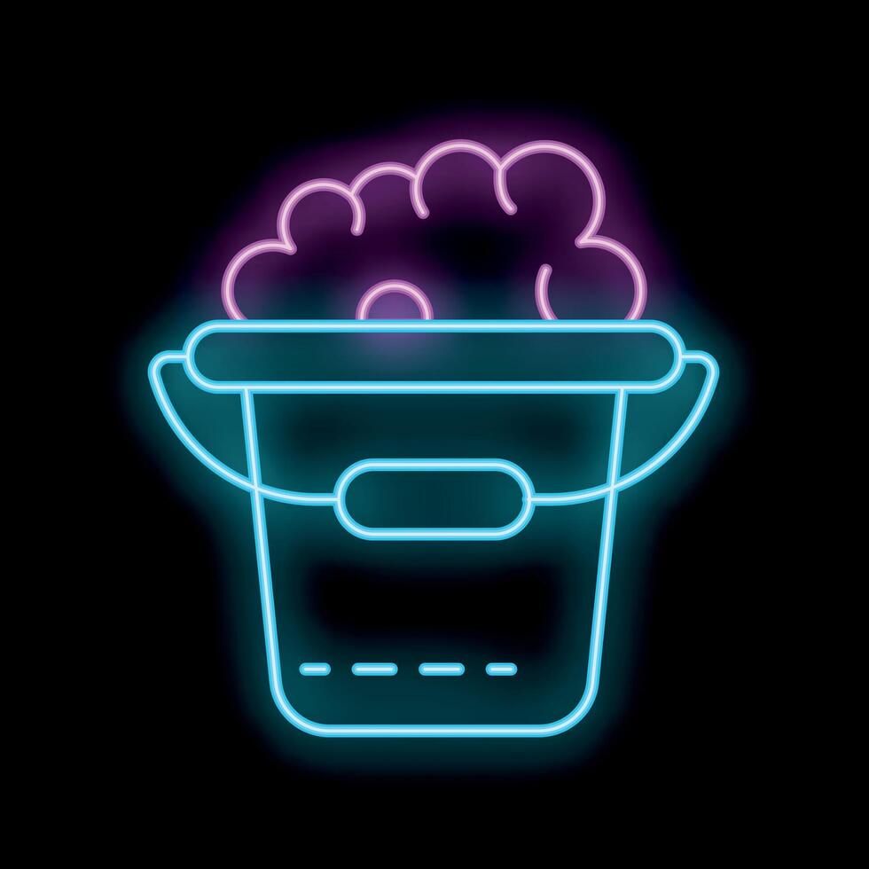 Neon icon of human brain floating in metal bucket on black background vector