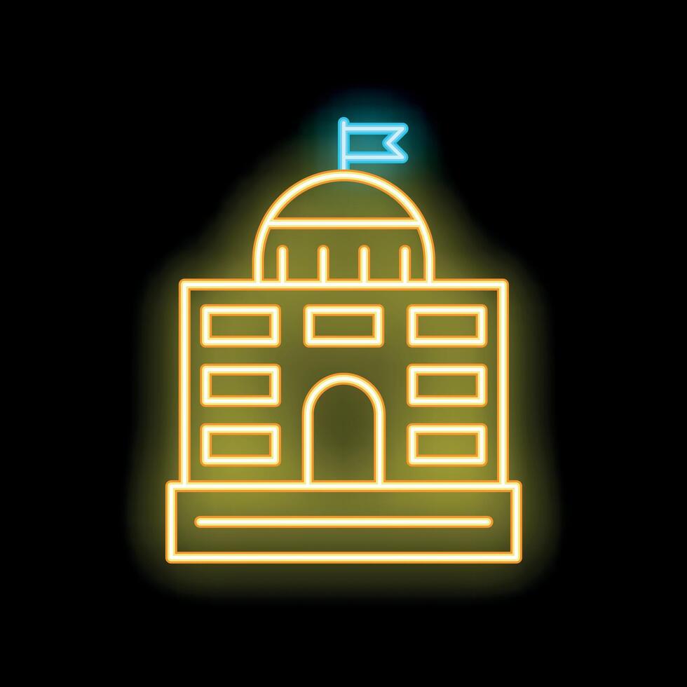Neon sign depicting government building with flag on black background vector