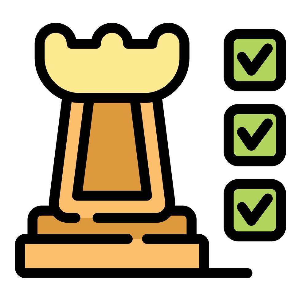 Golden chess rook piece standing with strategy checkmarks illustrating strategic planning concept vector