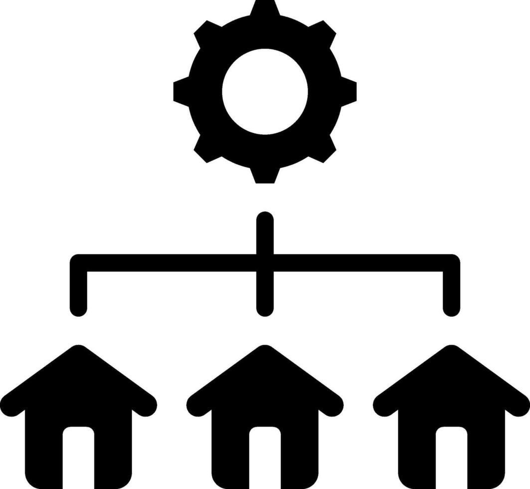 A black and white icon of a gear and houses vector
