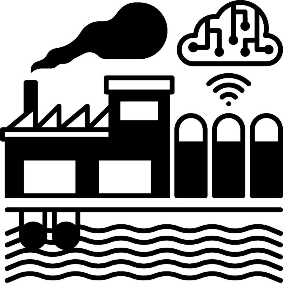 A black and white image of a factory with a cloud and a cloud vector