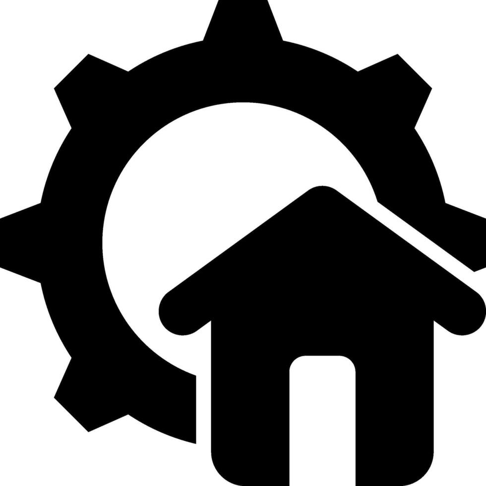 A black and white icon of a house and gearwheel vector