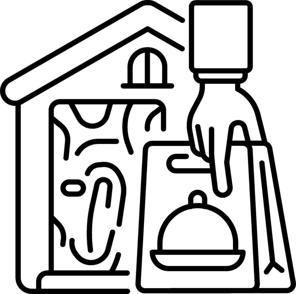 A black and white outline of a house with a hand holding a bag vector