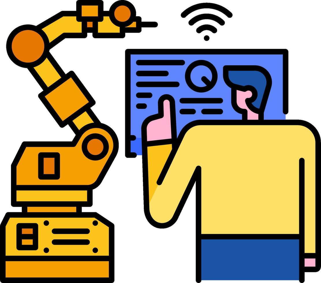 un hombre es señalando a un robot con un tableta vector
