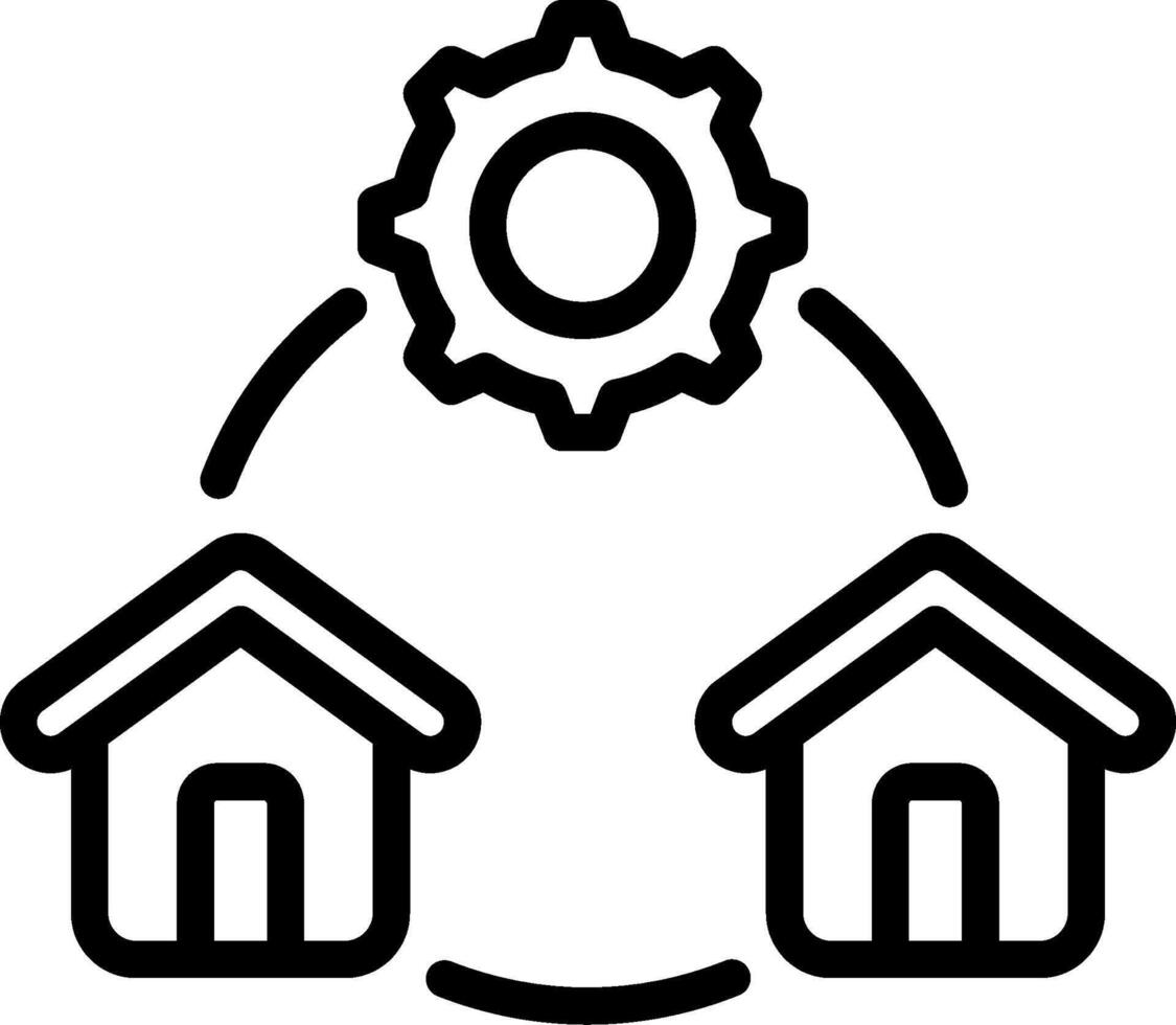 A black and white icon of two houses with a gear vector