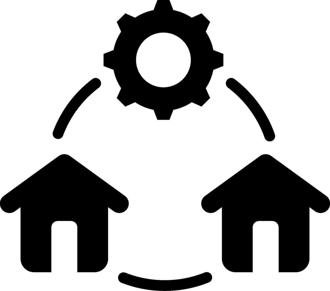 A black and white icon of two houses with a gear vector