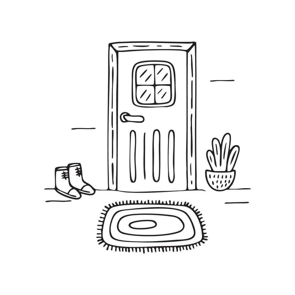 Doormat lying in front of a wooden door with shoes vector