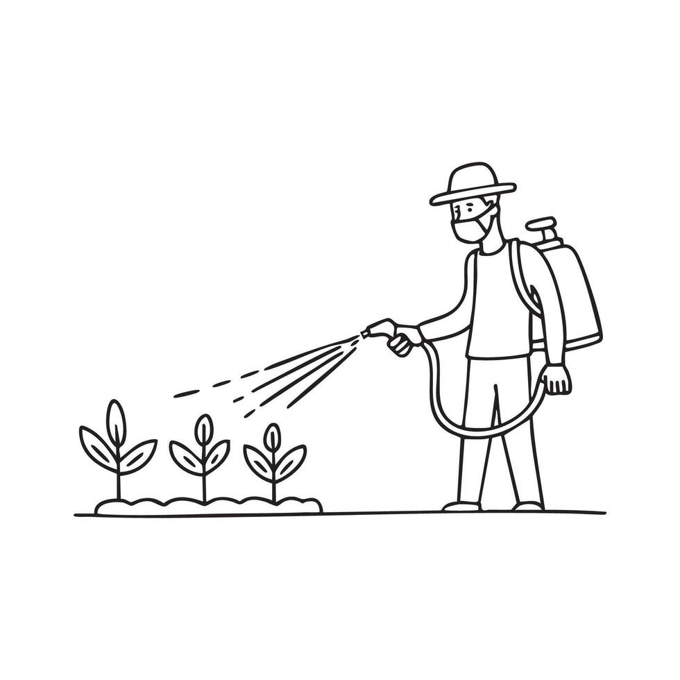 Farmer spraying disinfectant on plants in the field vector