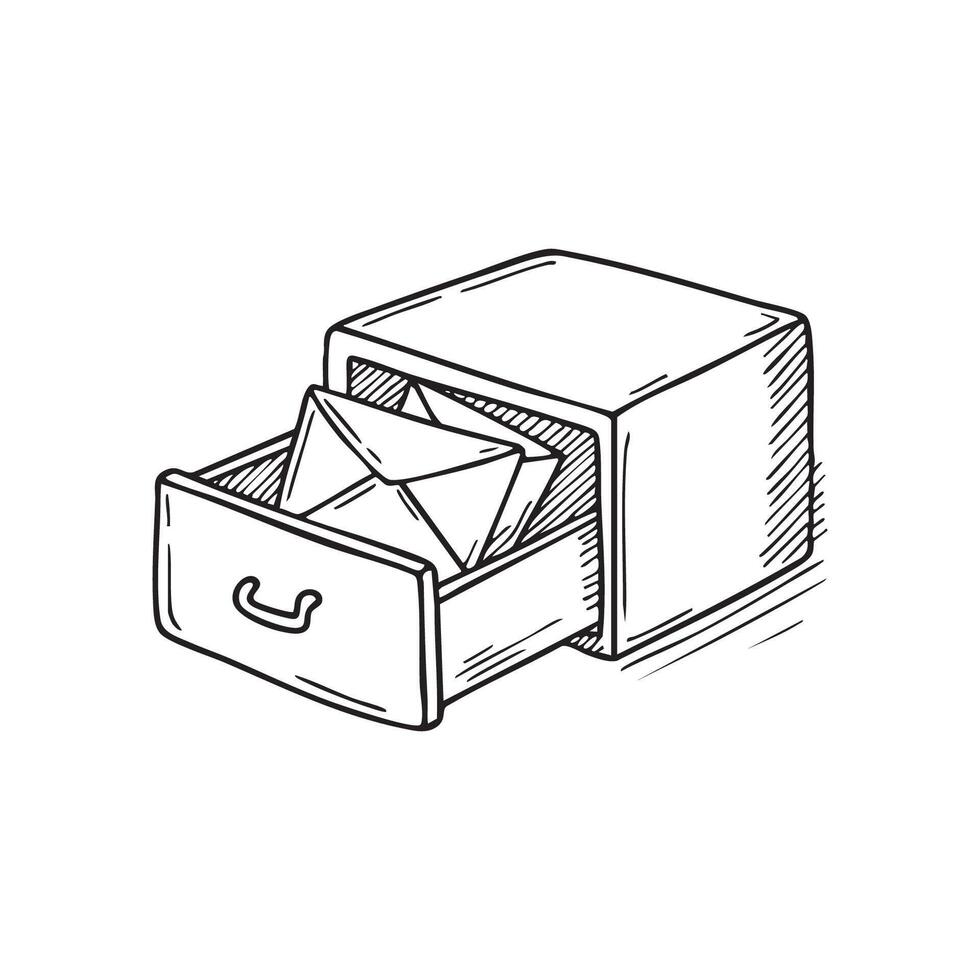 Drawer cabinet partially open revealing old envelopes vector