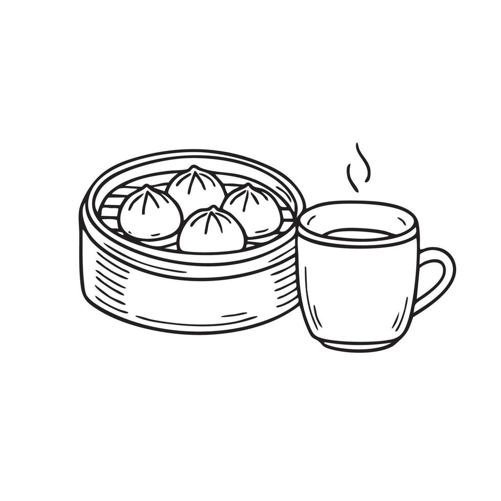 Dim sum served in a round bamboo basket beside a hut cup tea vector