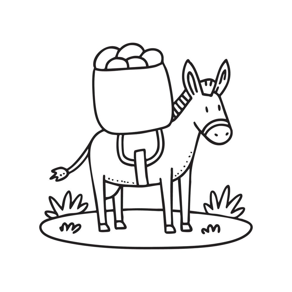 Donkey carrying a saddle good bag grass field vector