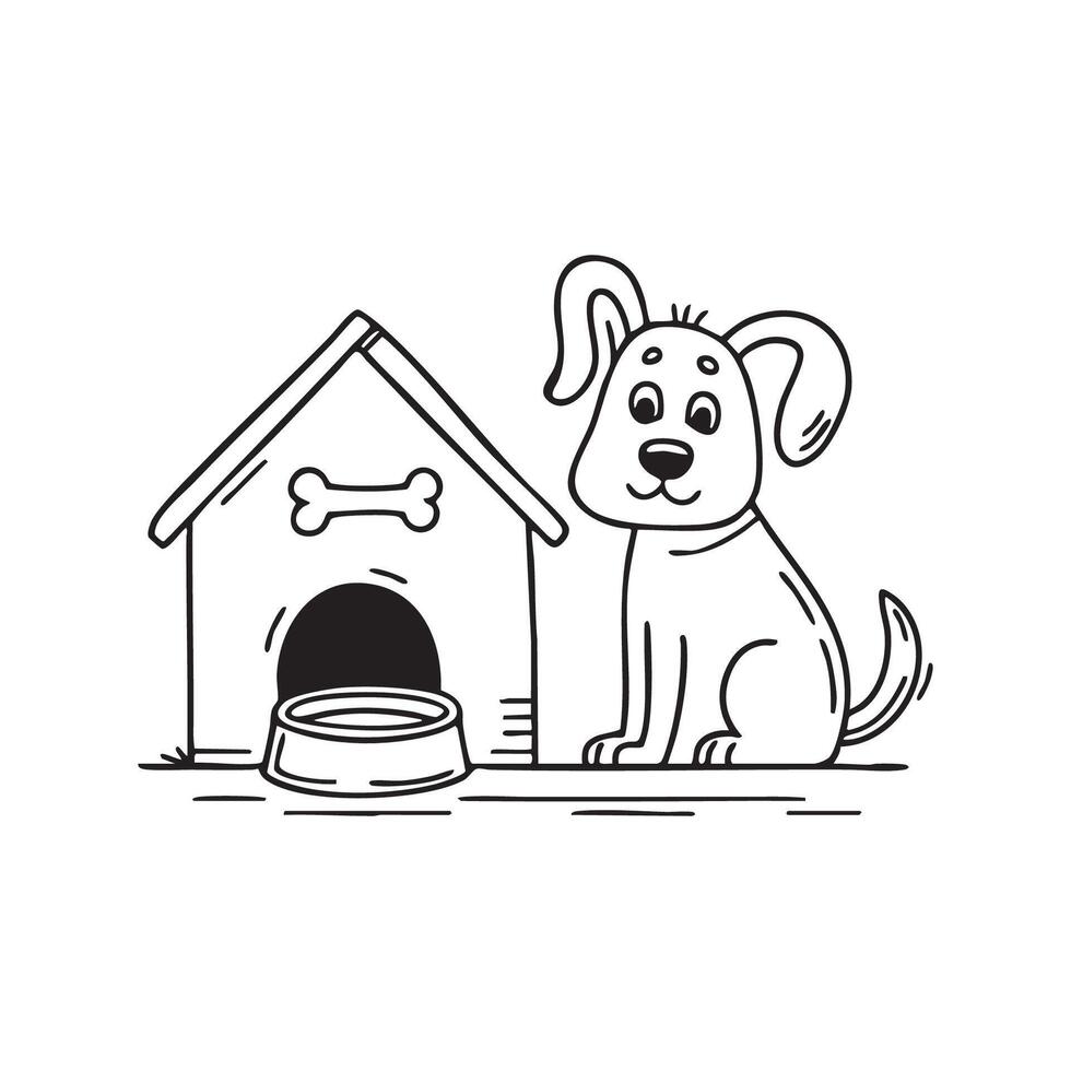 dog with a bone in bowl beside doghouse vector