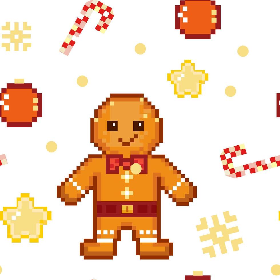 pattern seamless cute pixel art gingerbread man ,isolated on white vector