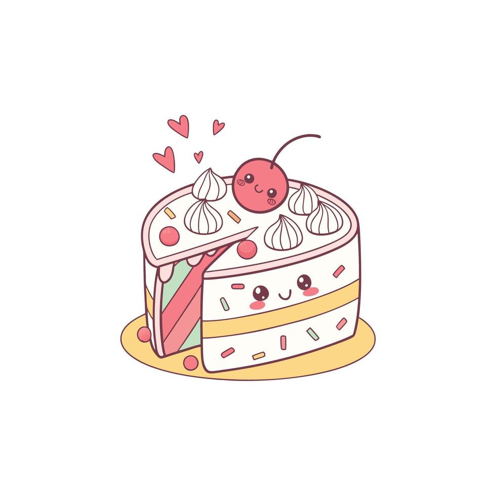 A cake with a cherry on top and hearts vector