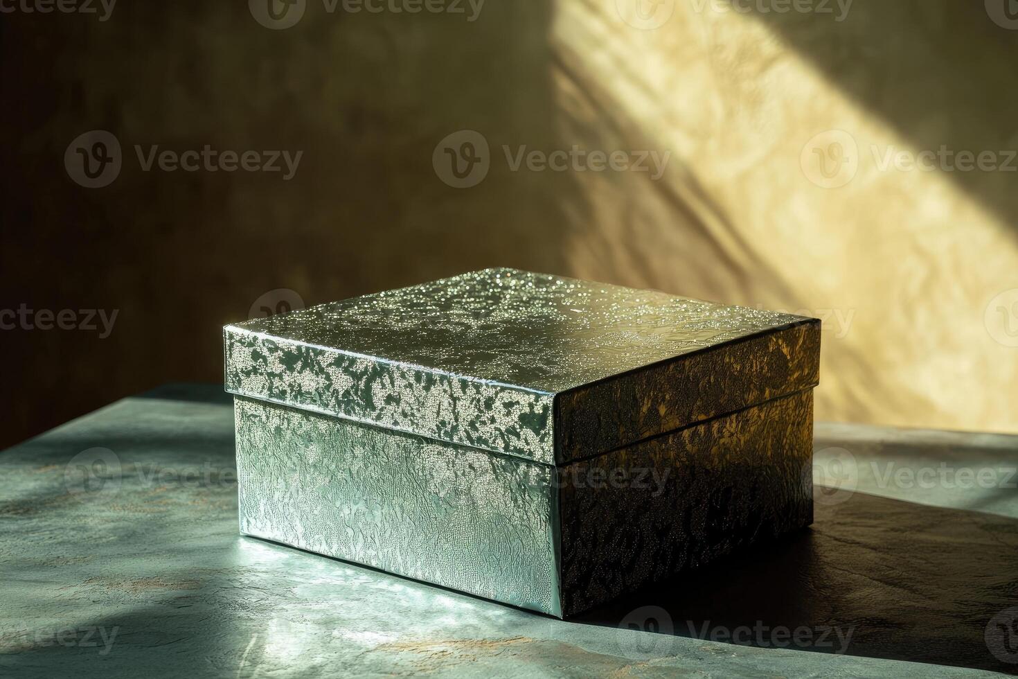 A Silver Gift Box with Embellished Design on a Textured Surface photo