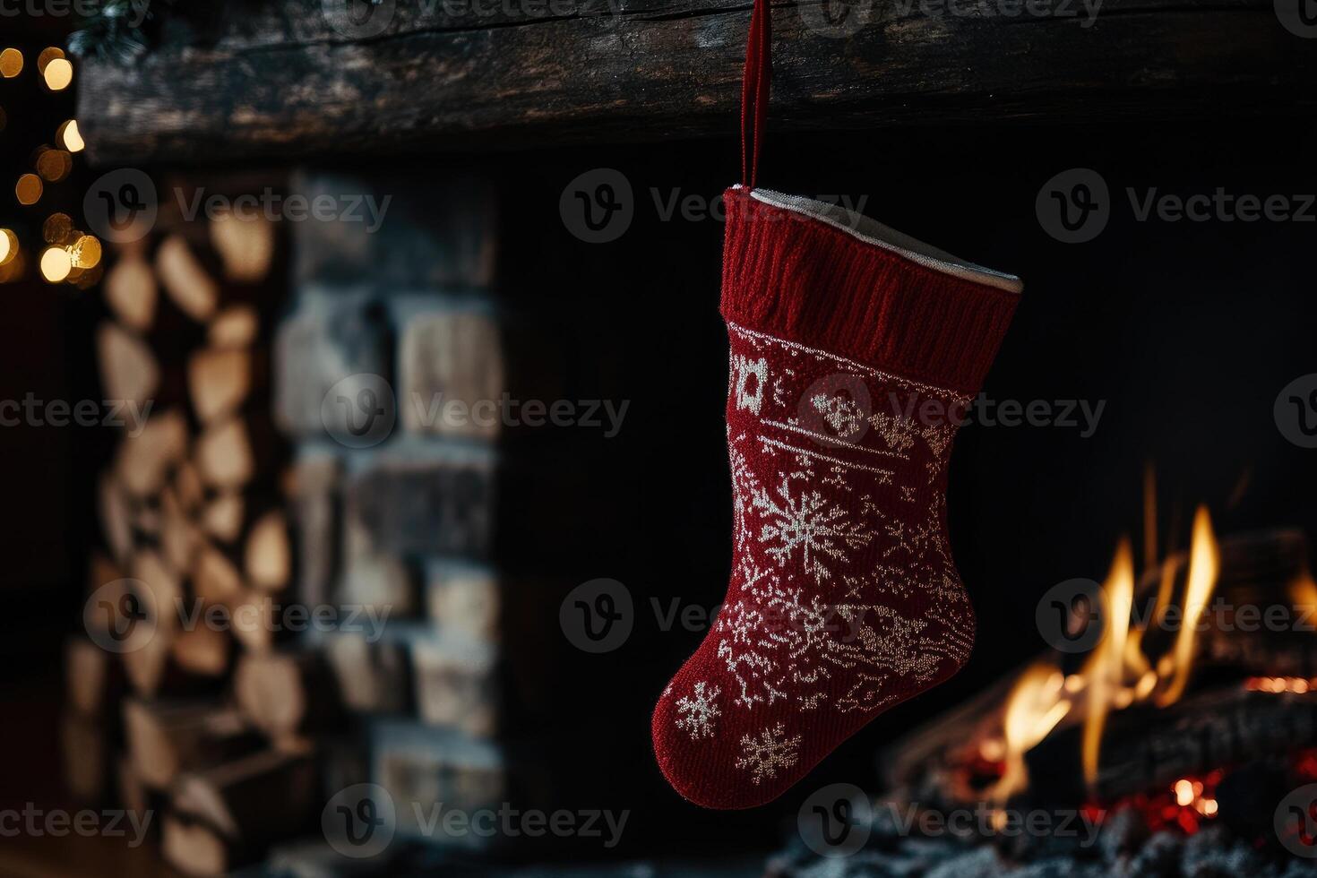 Red Christmas Stocking Hanging Over a Fireplace photo
