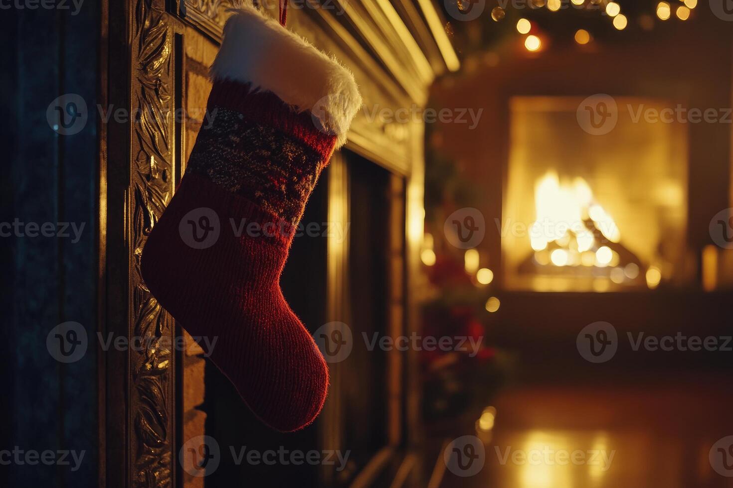 A Red Christmas Stocking Hanging by a Fireplace photo