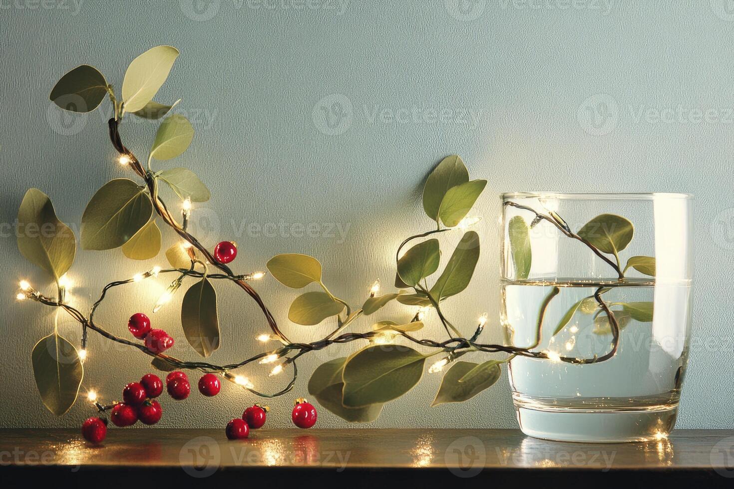 Twinkling Lights on Eucalyptus Branch with Red Berries and Water photo