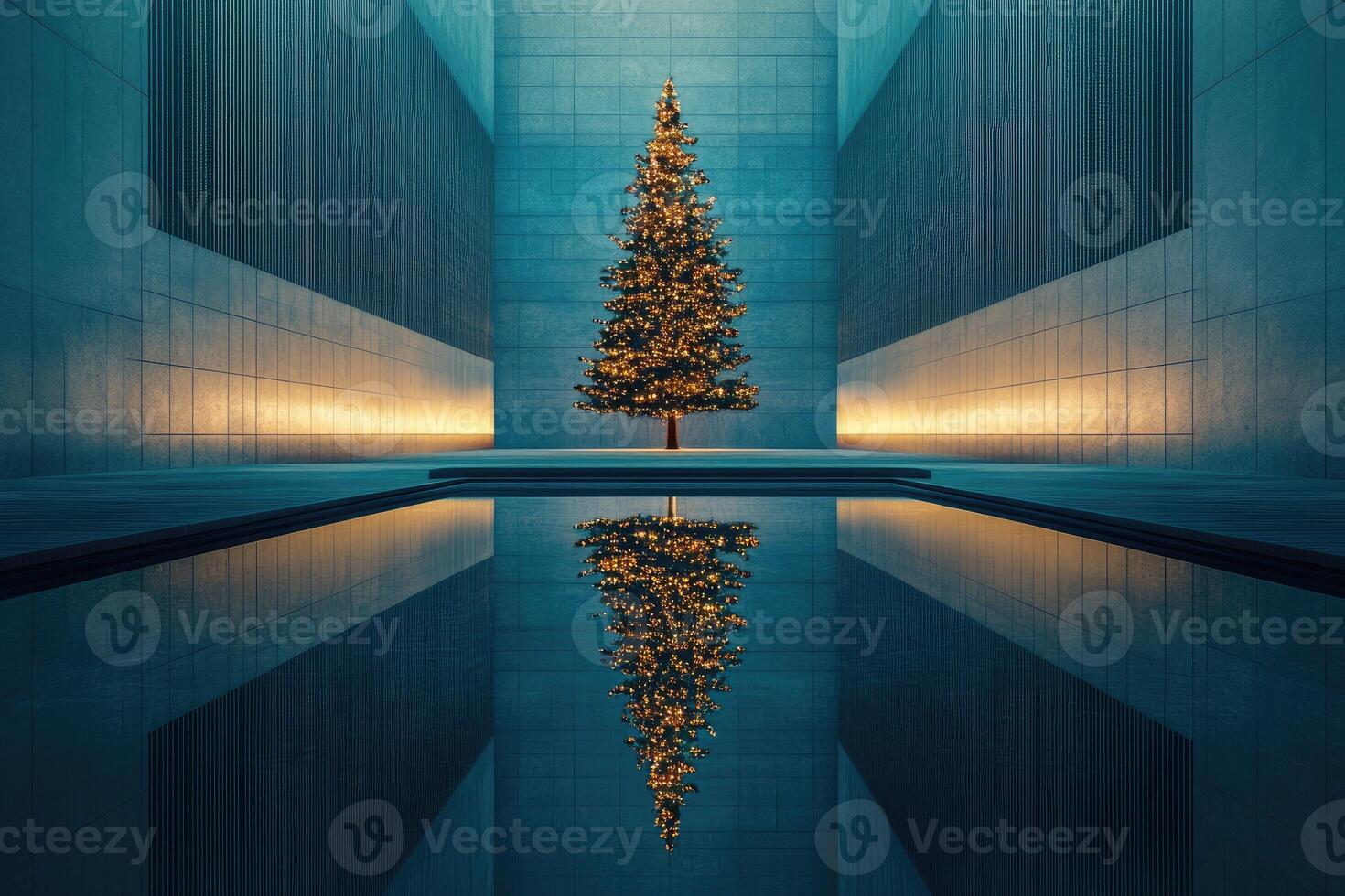 Illuminated Christmas Tree Reflecting in a Pool Between Two Blue Buildings photo