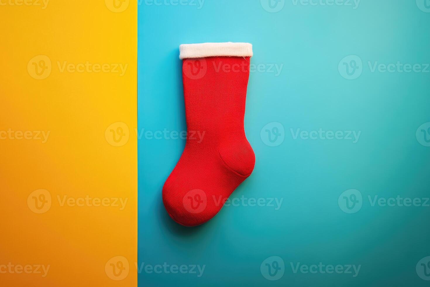 Red Christmas Stocking on a Blue and Yellow Background photo