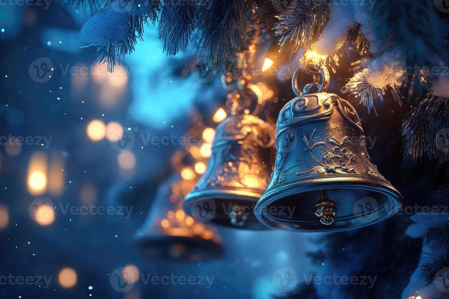 Golden Bells Adorned with Snow Hanging from a Pine Branch photo