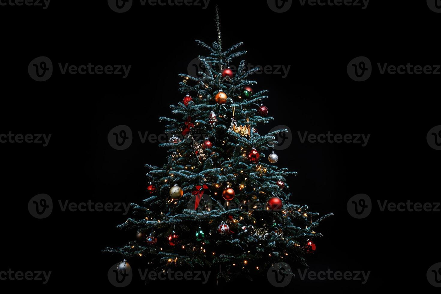 Decorated Christmas Tree with Ornaments and Lights Against a Black Background photo