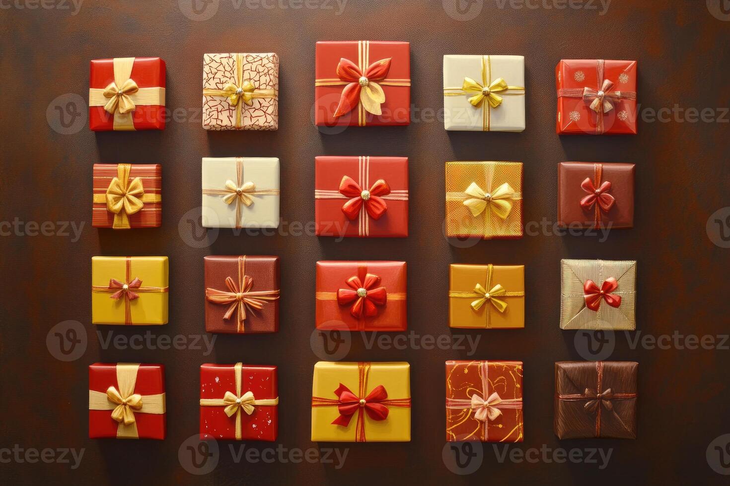 Assortment of Square Gift Boxes with Gold Ribbons and Bows photo