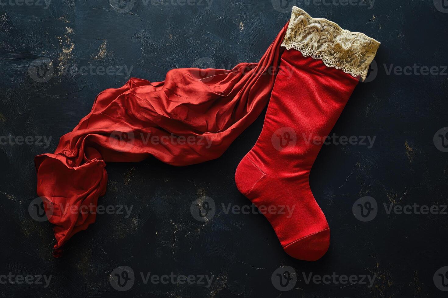 Red Stocking with Lace Trim and Matching Fabric Draped on Black Background photo