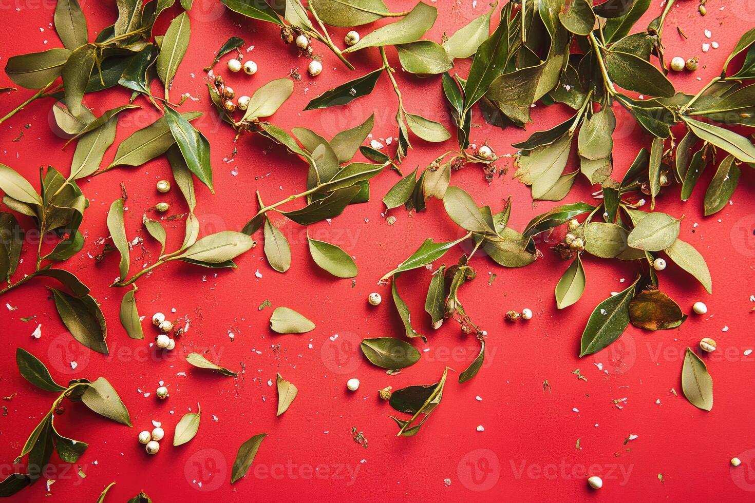 Scattered Green Leaves and White Berries on a Red Background photo
