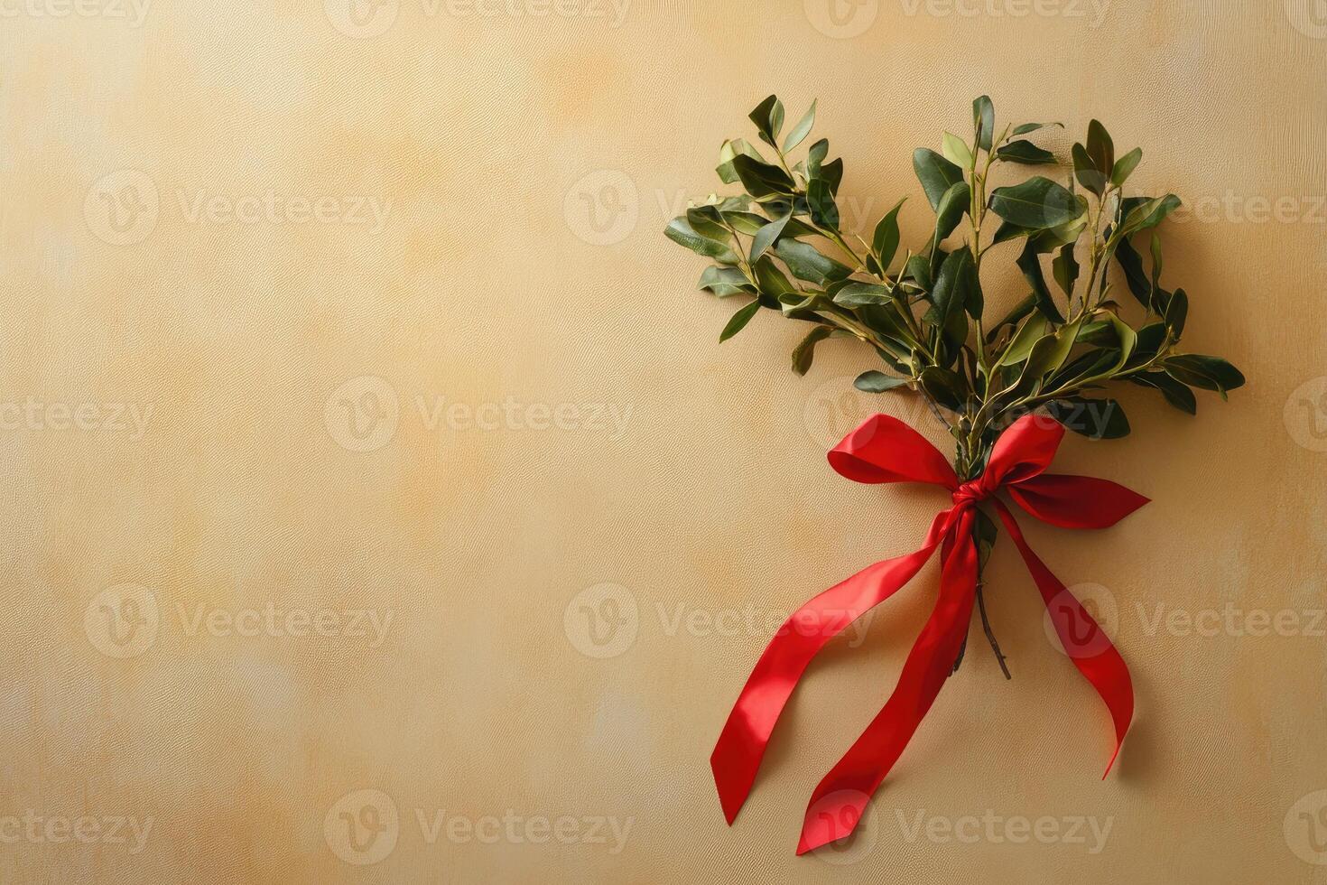 Mistletoe Sprig Tied with Red Ribbon on Beige Background photo
