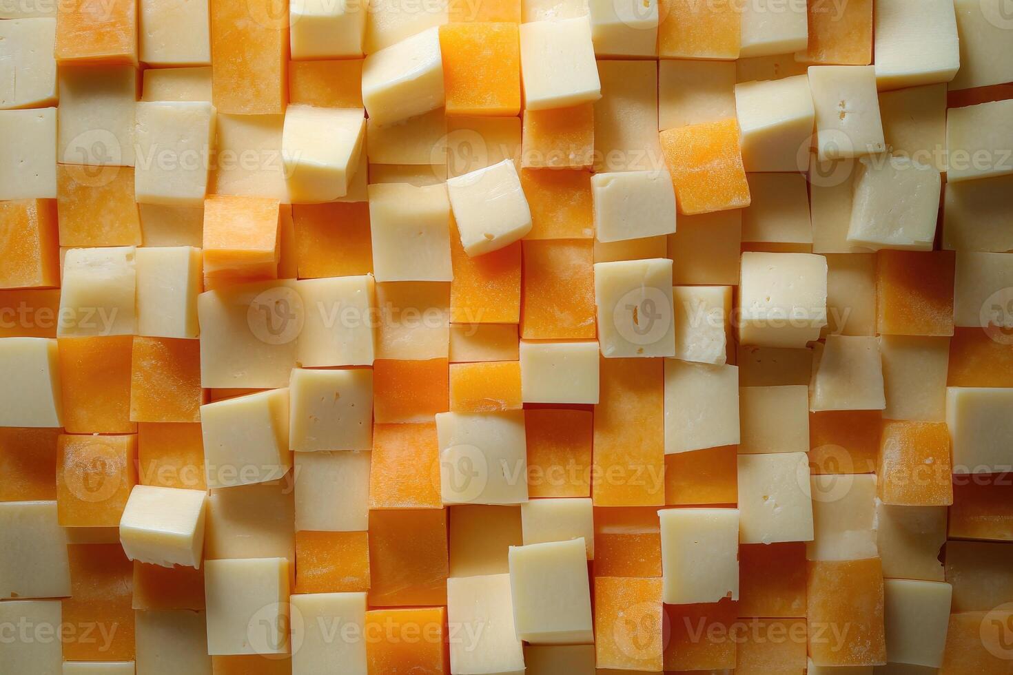 Close-up of a Pattern of White and Yellow Cheese Cubes photo