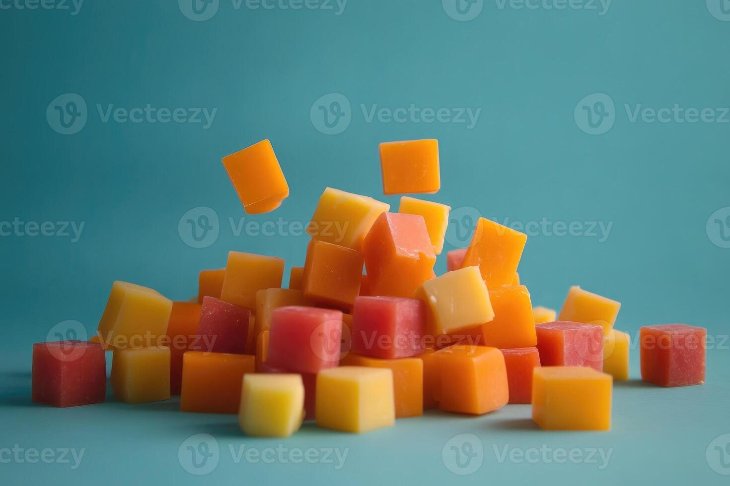 Colorful Square-Shaped Cubes of Candy on a Teal Background photo