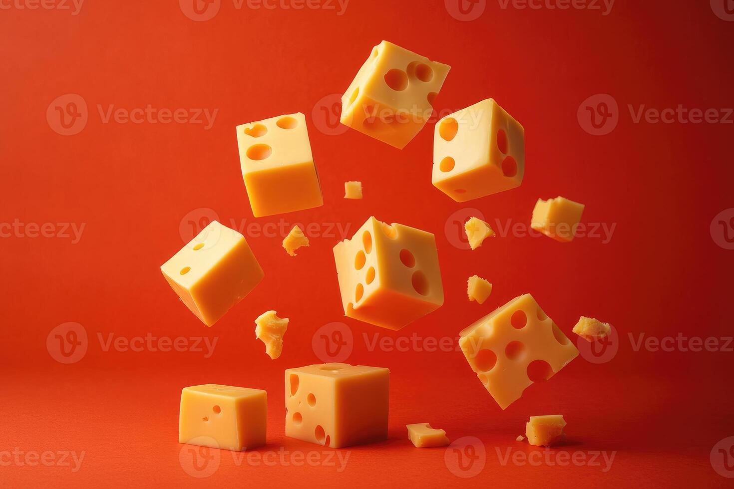 Swiss Cheese Cubes Floating Against Red Background photo