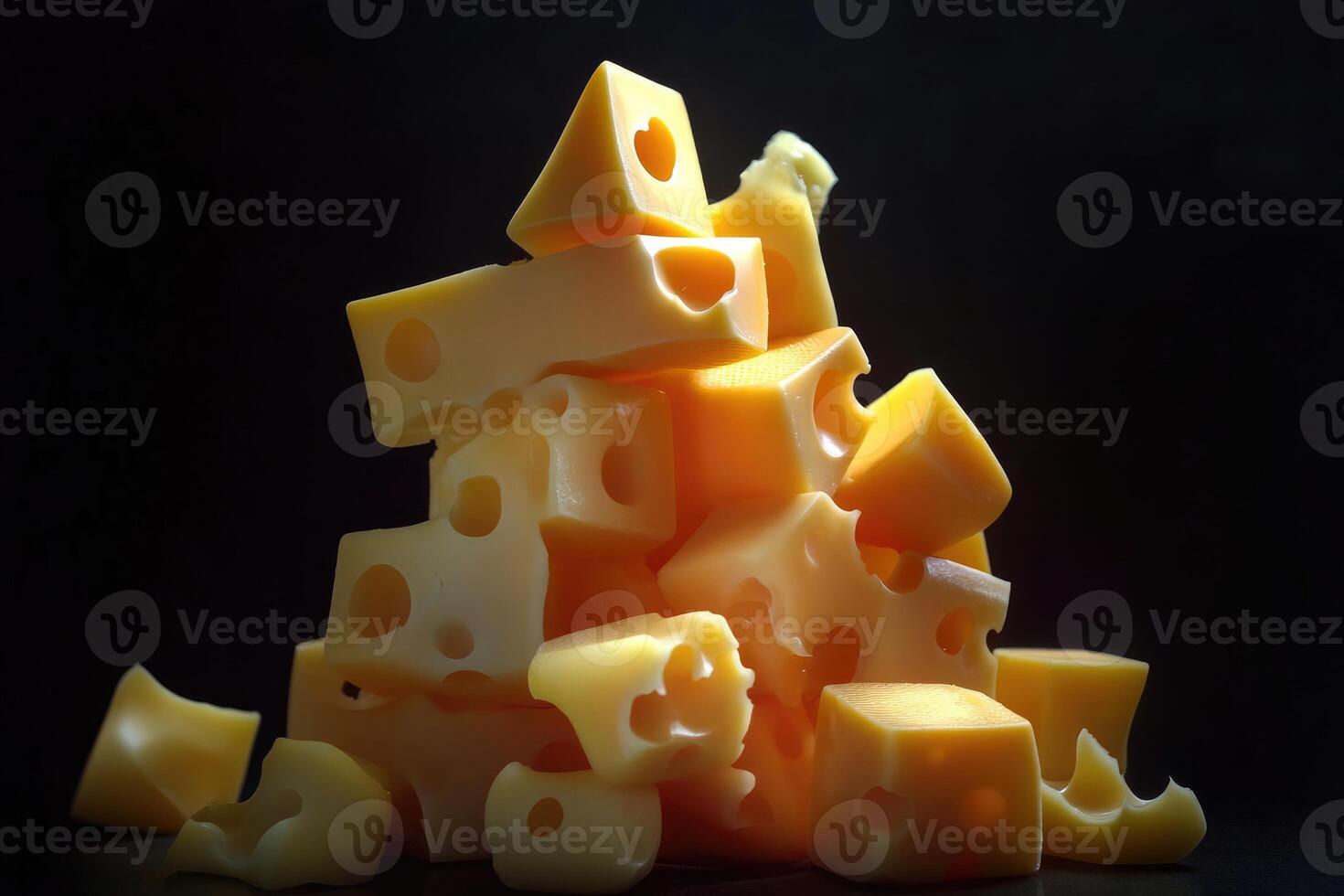 A Stack of Swiss Cheese Cubes and Pieces photo